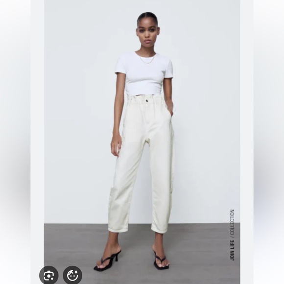 Zara High-Waisted Paper Bag Jeans Pants Like New 6 Ecru Mango - Picture 3 of 16